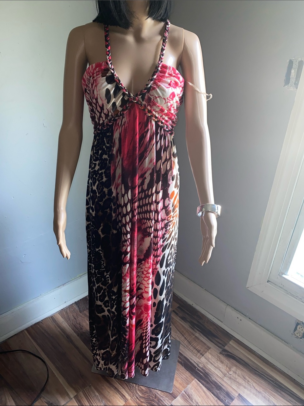 Dots Pink and Brown Braided-strap Animal Print Maxi Dress